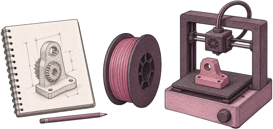 Ilustracja usługi druku 3D: szkicownik z rysunkiem technicznym części, szpula różowego filamentu i drukarka 3D z gotowym wydrukiem uchwytu