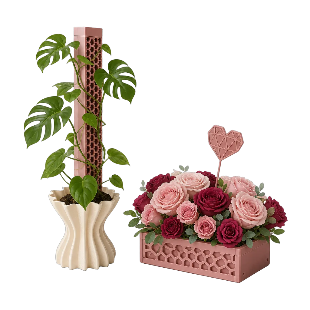 Monstera z modułowym palikiem w doniczce obok flowerboxa z różami i topperem w kształcie serca