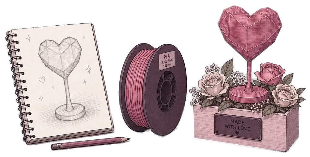 Ilustracja pracowni Greenprint3D: szkicownik z projektem toppera w kształcie serca, szpula różowego filamentu PLA i gotowy wydruk we flowerboxie z różami
